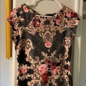 Black gray gold floral midi dress